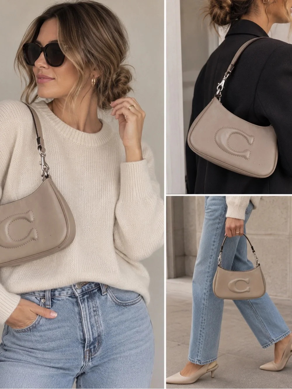 Taupe Shoulder Bag with Embossed C Accent